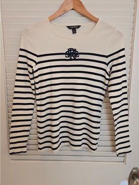 Ralph Lauren Cream and Navy Striped Long-Sleeve Tee